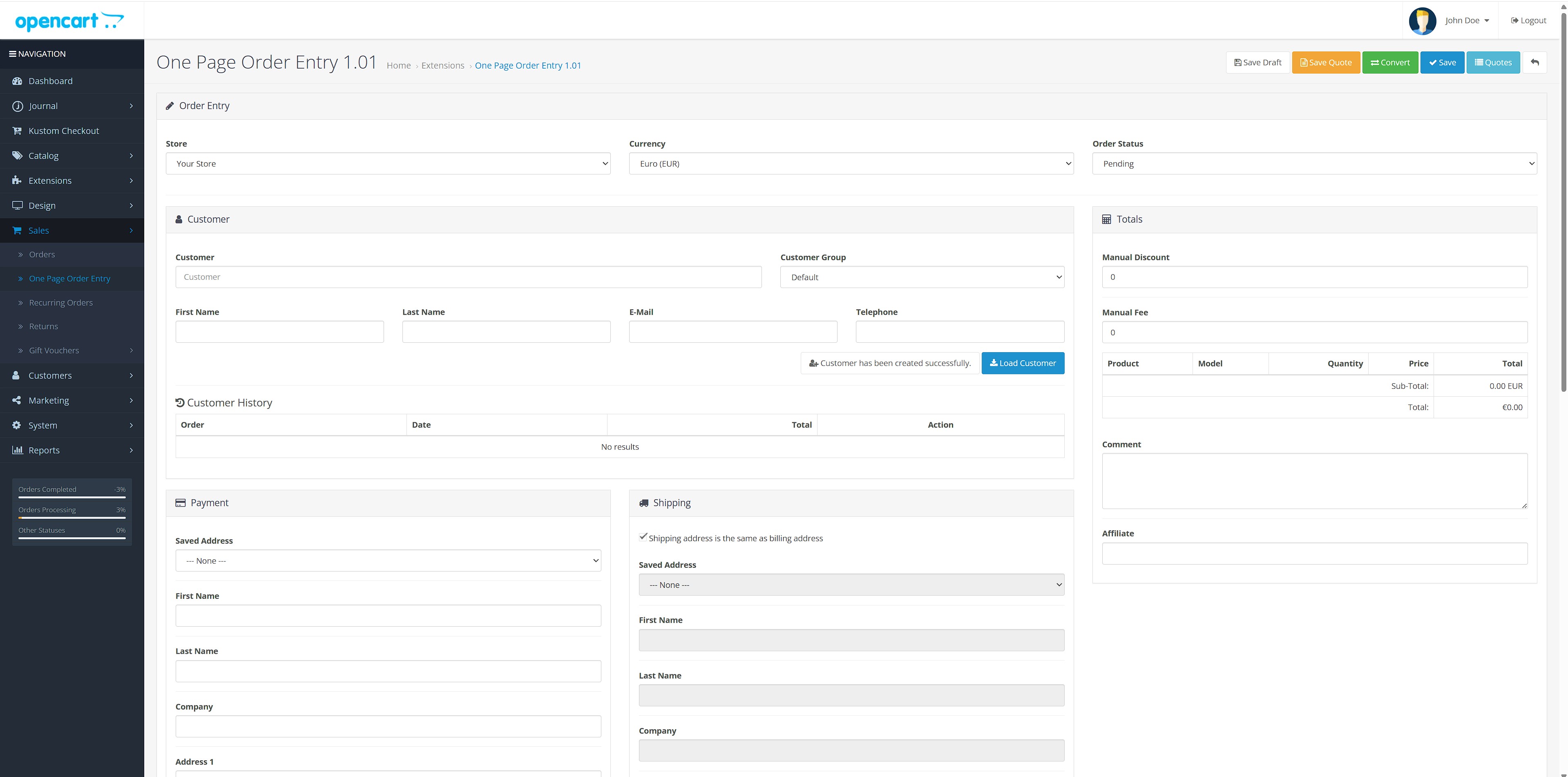 Opencart 3.x One Page Order Entry